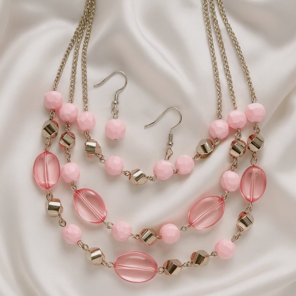 Silver Multi-Strand Pink Beaded Necklace & Earrings Set ā Statement Jewelry